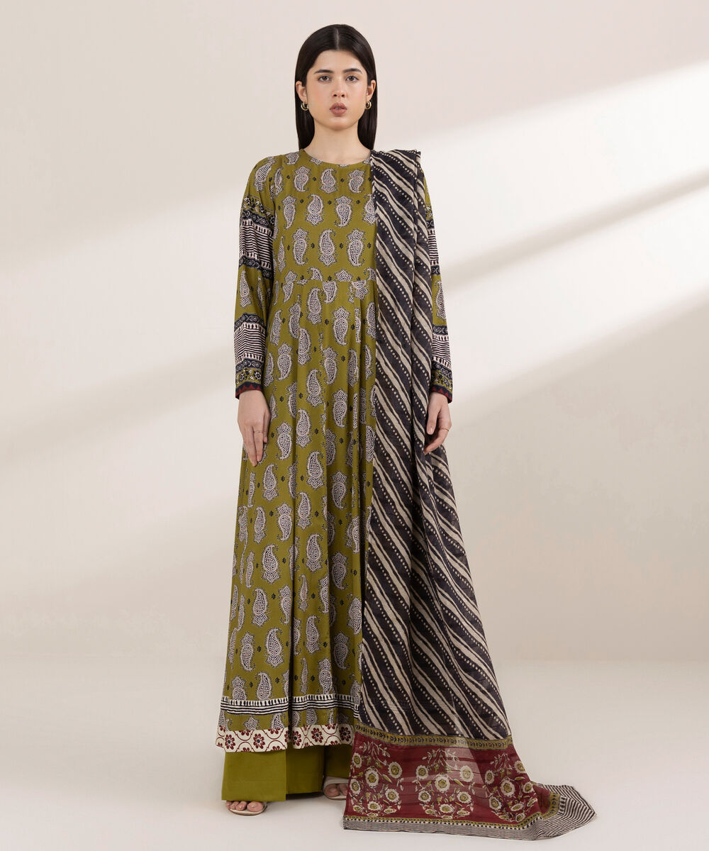 Women's RTW Arabic Lawn Green Printed Peshwas
