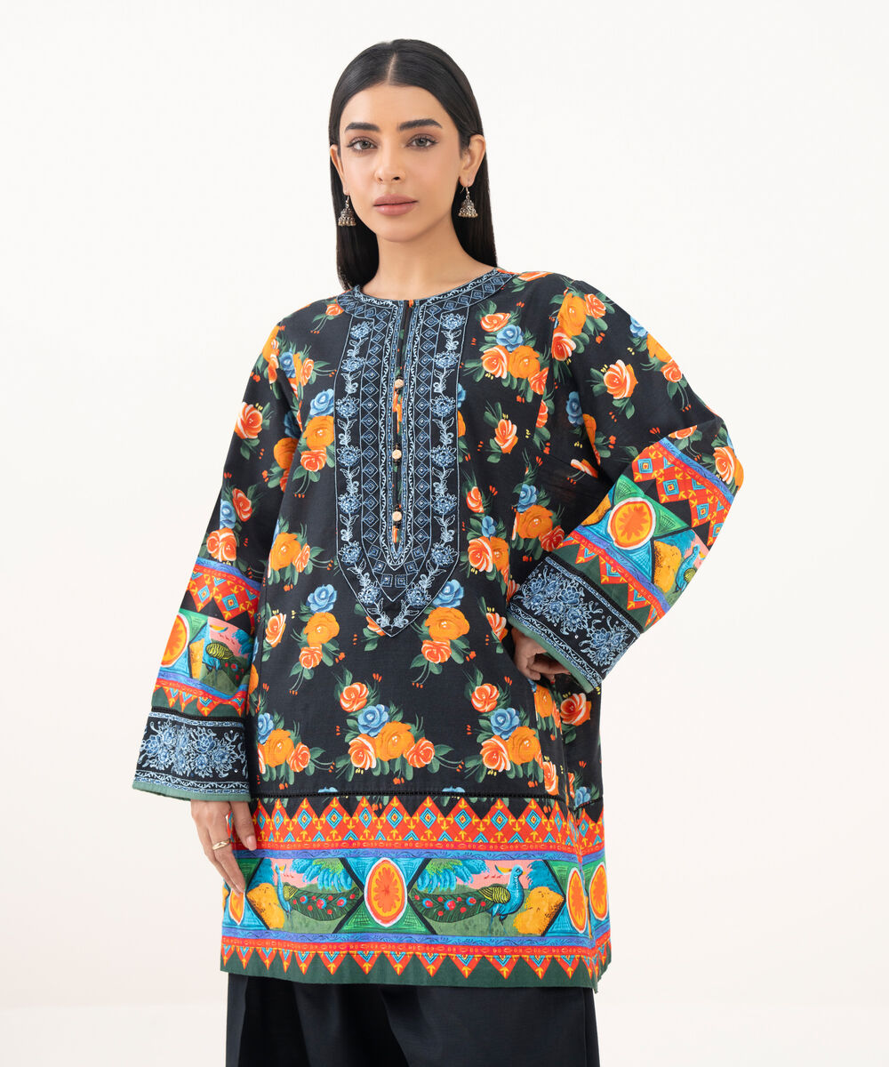 Women's RTW Light Khaddar Embroidered Black Boxy Shirt
