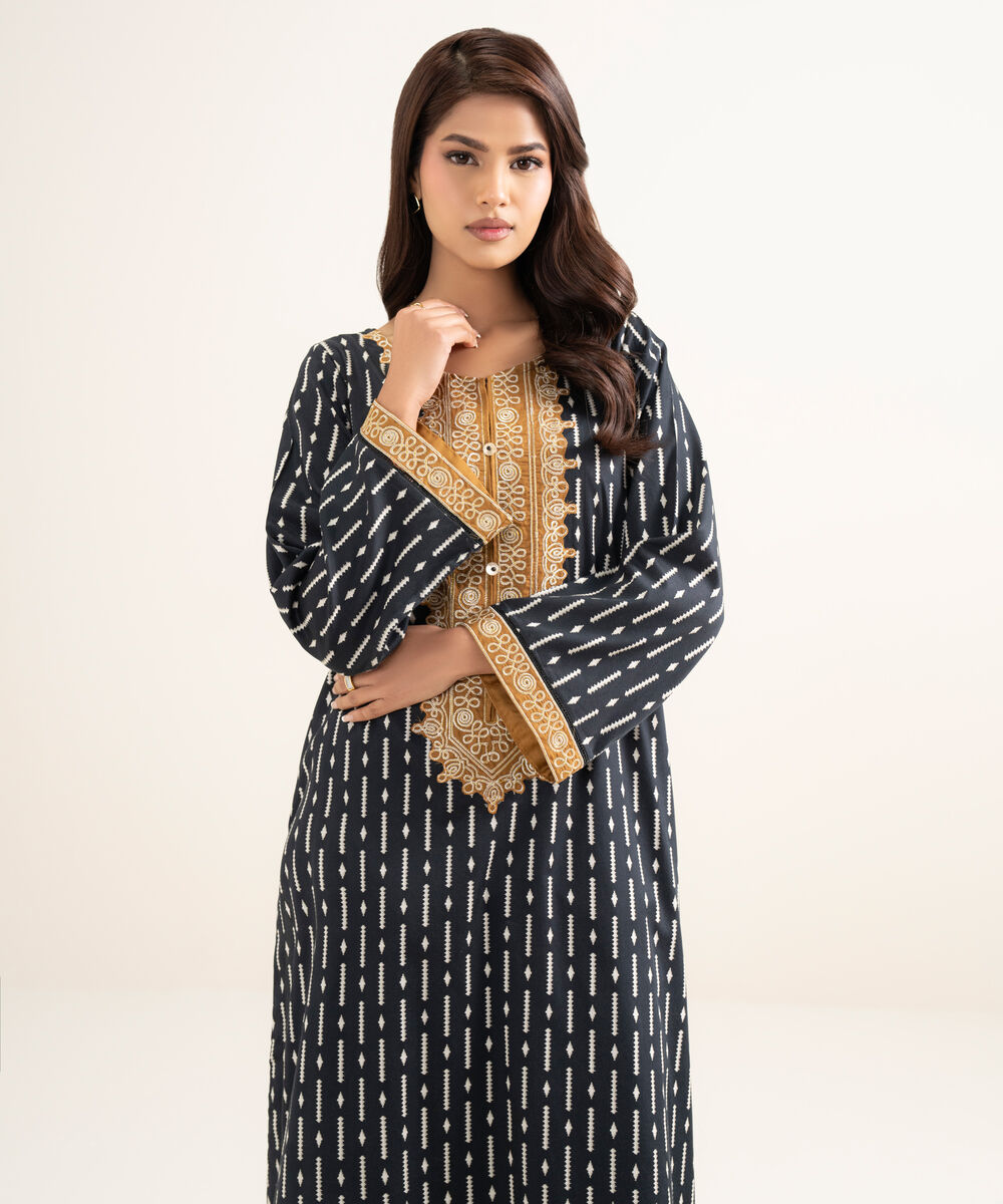 Women's RTW Lawn Embroidered Black A-Line Shirt