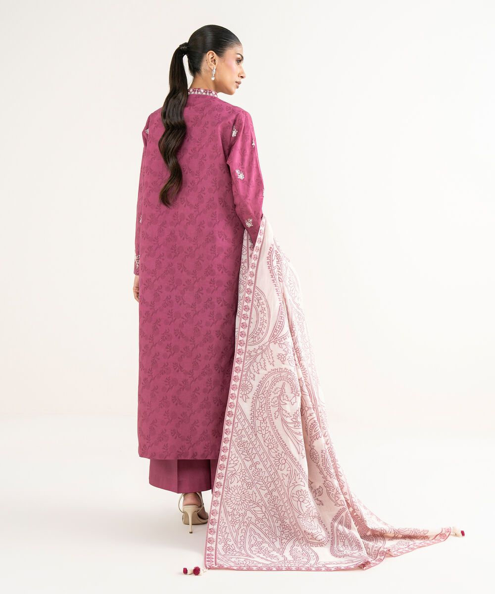 Women's Unstitched Cotton Jacquard Embroidered Pink 3 Piece Suit