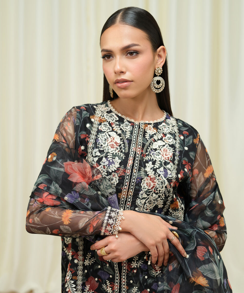 Women's Unstitched Blended Organza Embroidered Black 3 Piece Suit