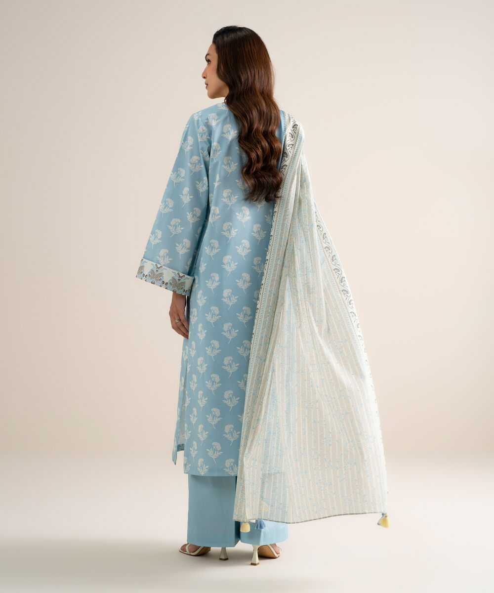 Women's Unstitched Lawn Printed Blue  3 Piece Suit