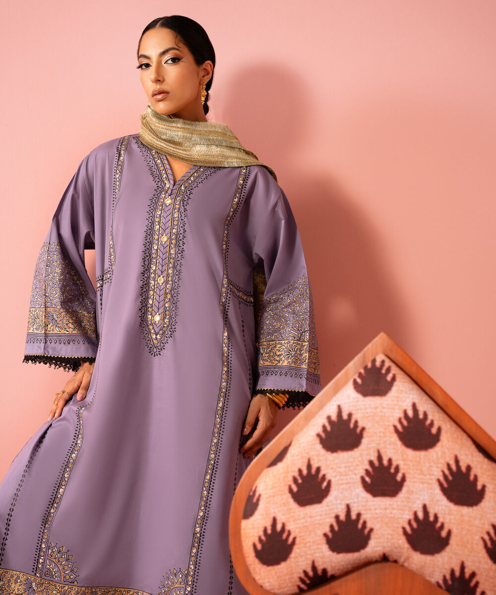 Women's RTW Lawn Purple Printed Boxy Shirt