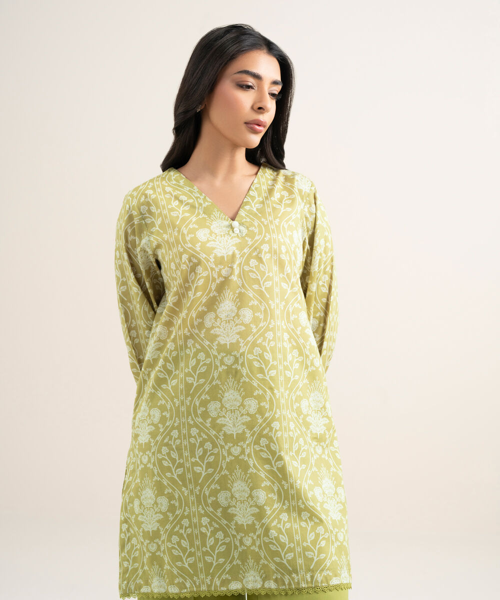 Women's RTW Lawn Printed Green Straight Shirt