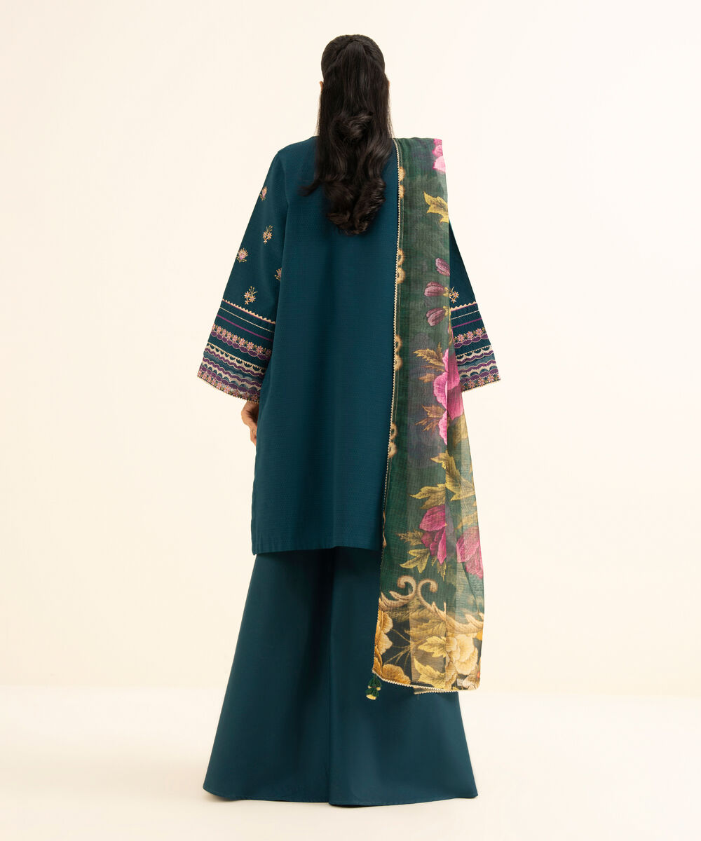 Women's Unstitched Dobby Embroidered Blue 3 Piece Suit