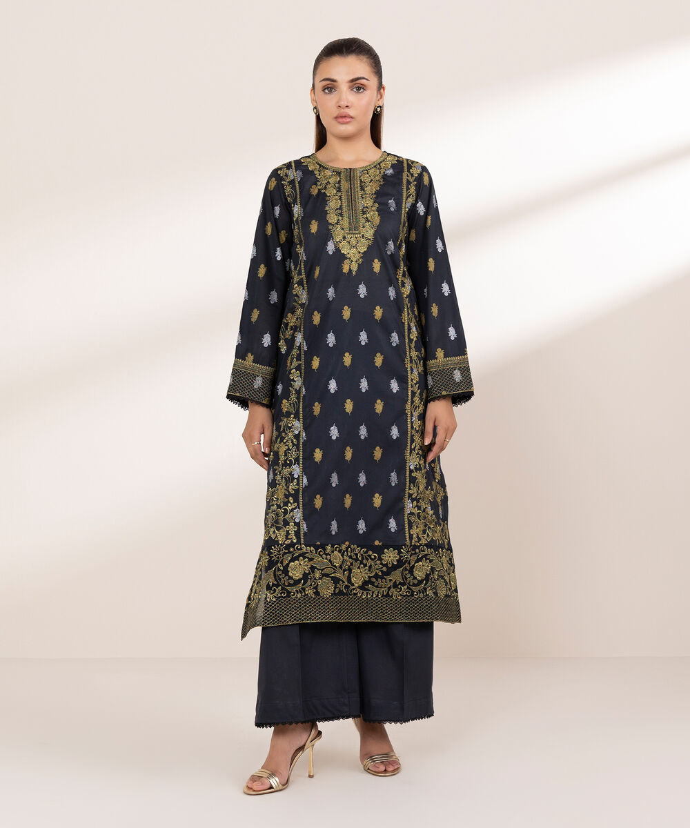 Women's RTW Lawn Black Embroidered A-Line Shirt