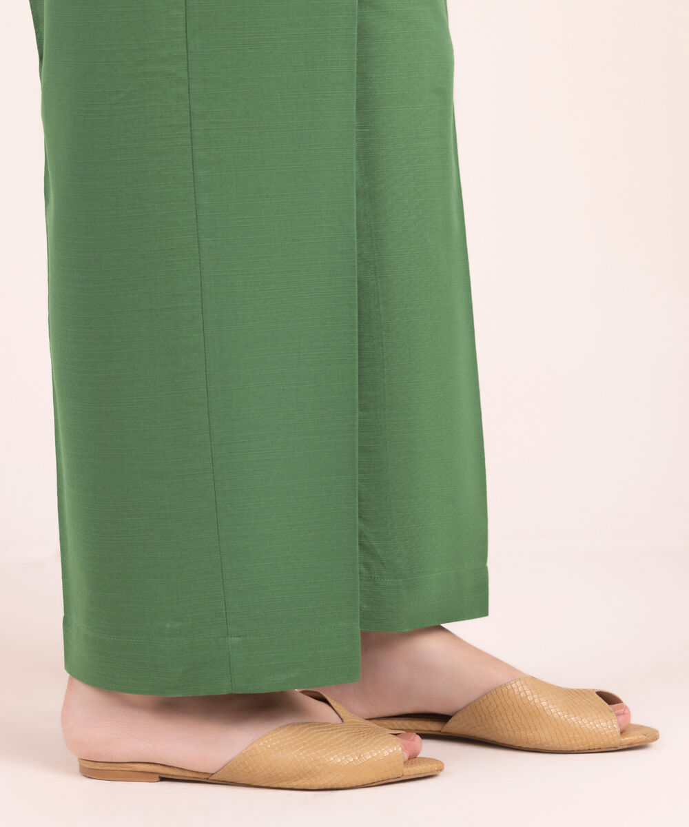 Women's RTW Cotton Solid Green Straight Pants