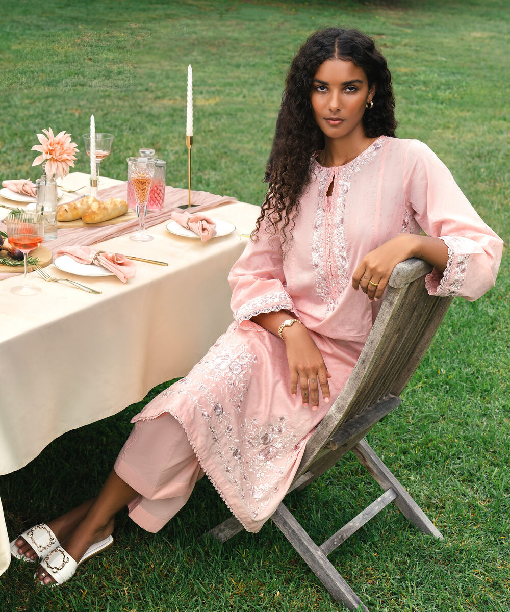 Women's RTW Self Jacquard Embroidered Pink A-Line Shirt