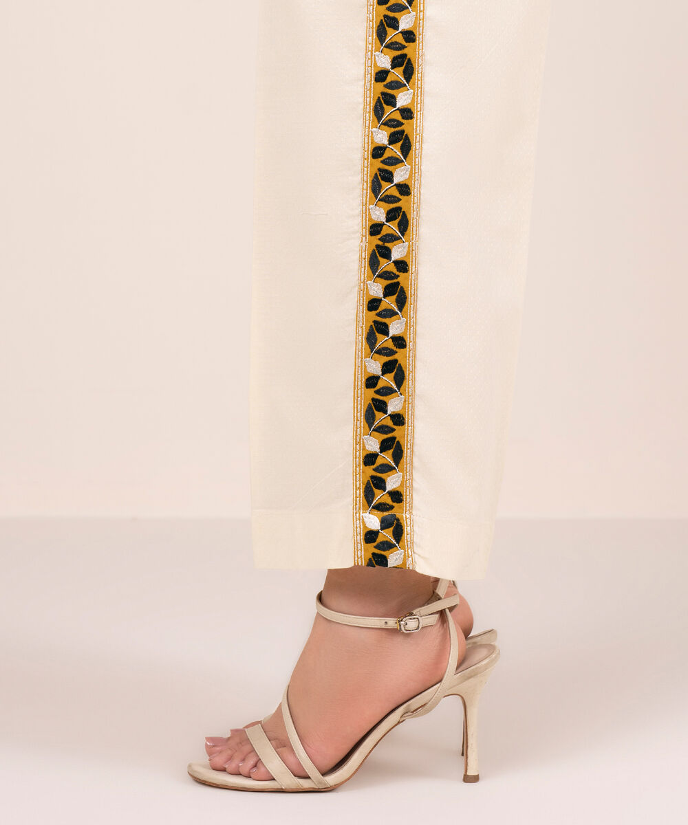 Women's RTW Dobby Embroidered Off White Straight Pants