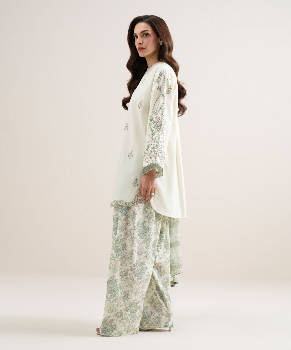 Women's Unstitched Lawn Embroidered Off White 3 Piece Suit