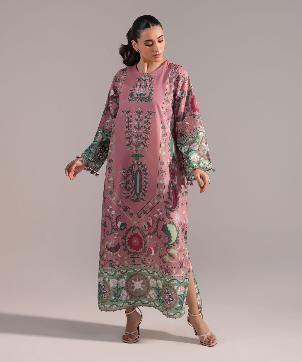 Women's RTW Blended Grip Silk Printed Pink A-Line Shirt