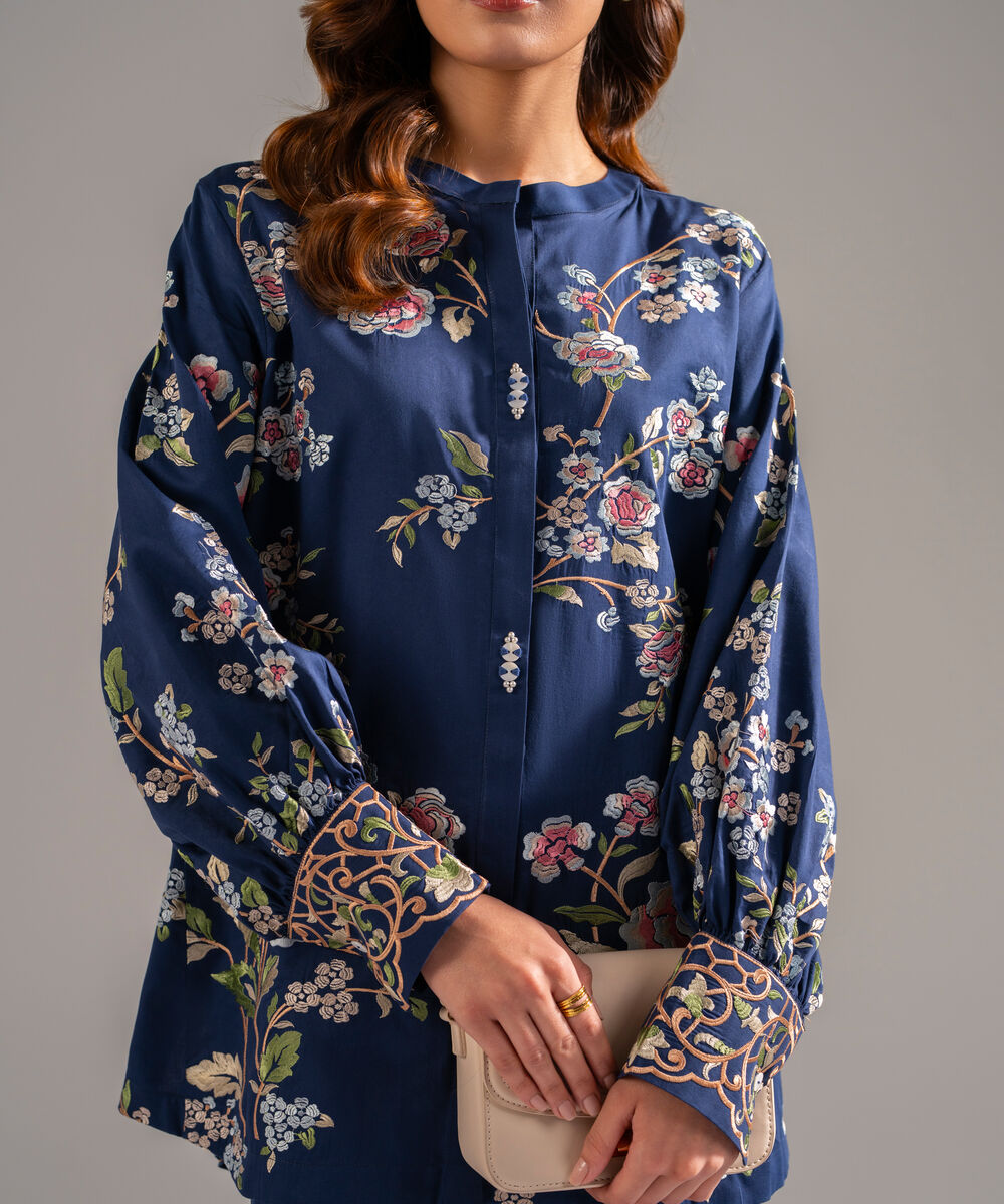 Women's RTW Cotton Satin Embroidered Dark Blue 2 Piece Suit