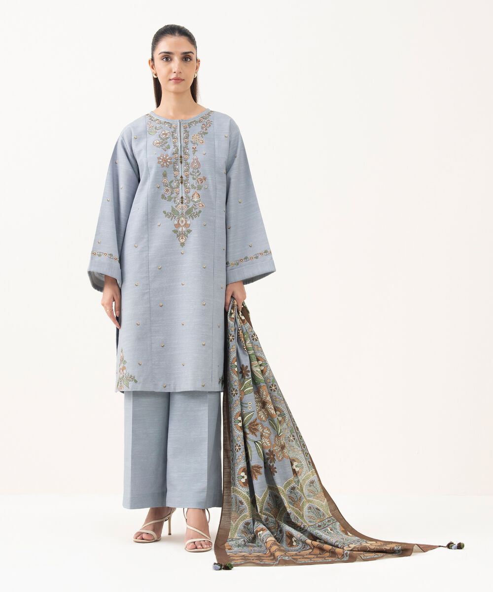 Women's Unstitched Cotton Embroidered Blue 3 Piece Suit
