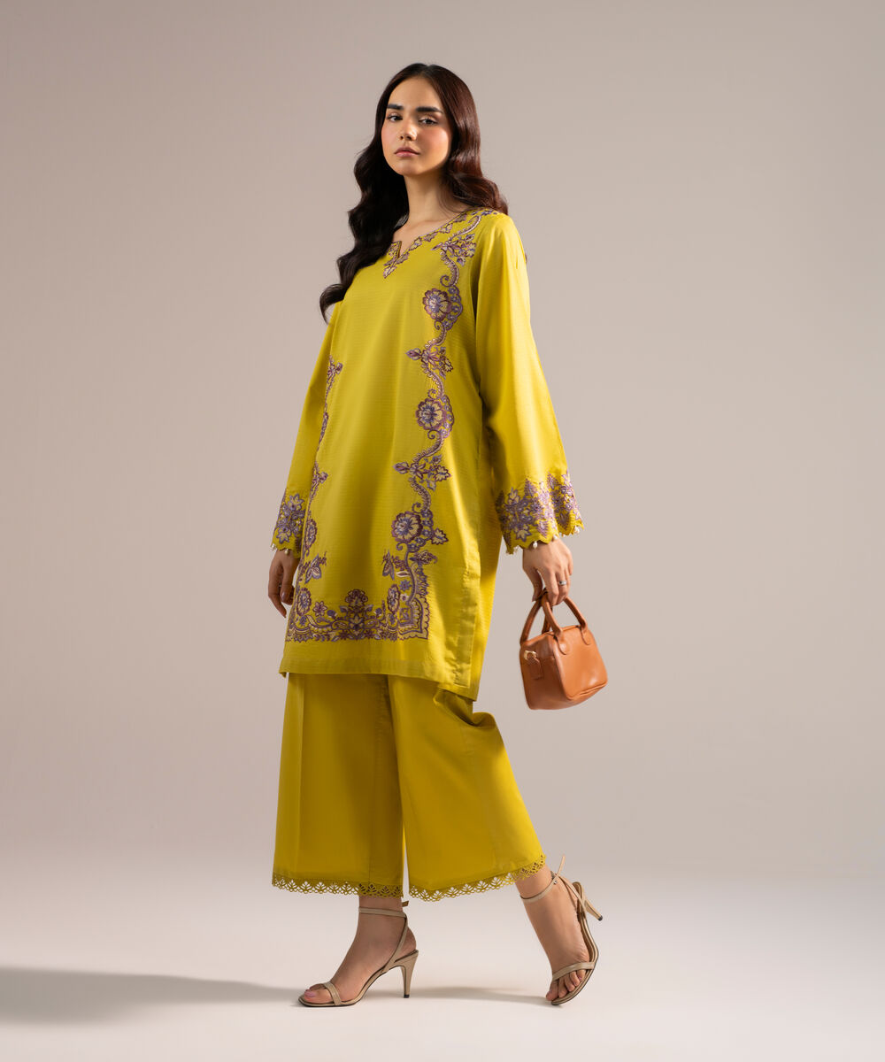 Women's RTW Dobby Embroidered Yellow Straight Shirt