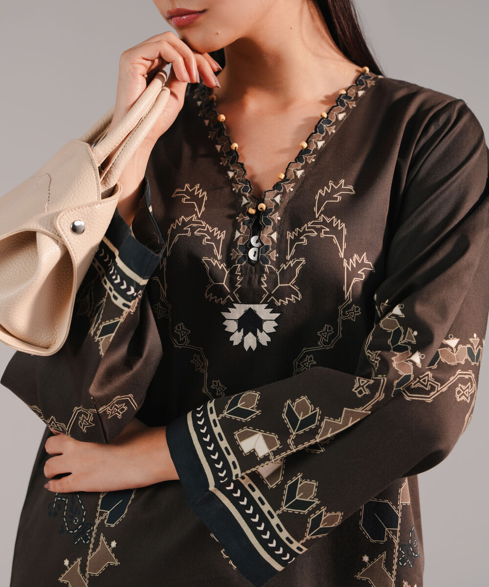 Women's RTW Cotton Satin Printed Dark Olive Green Straight Shirt