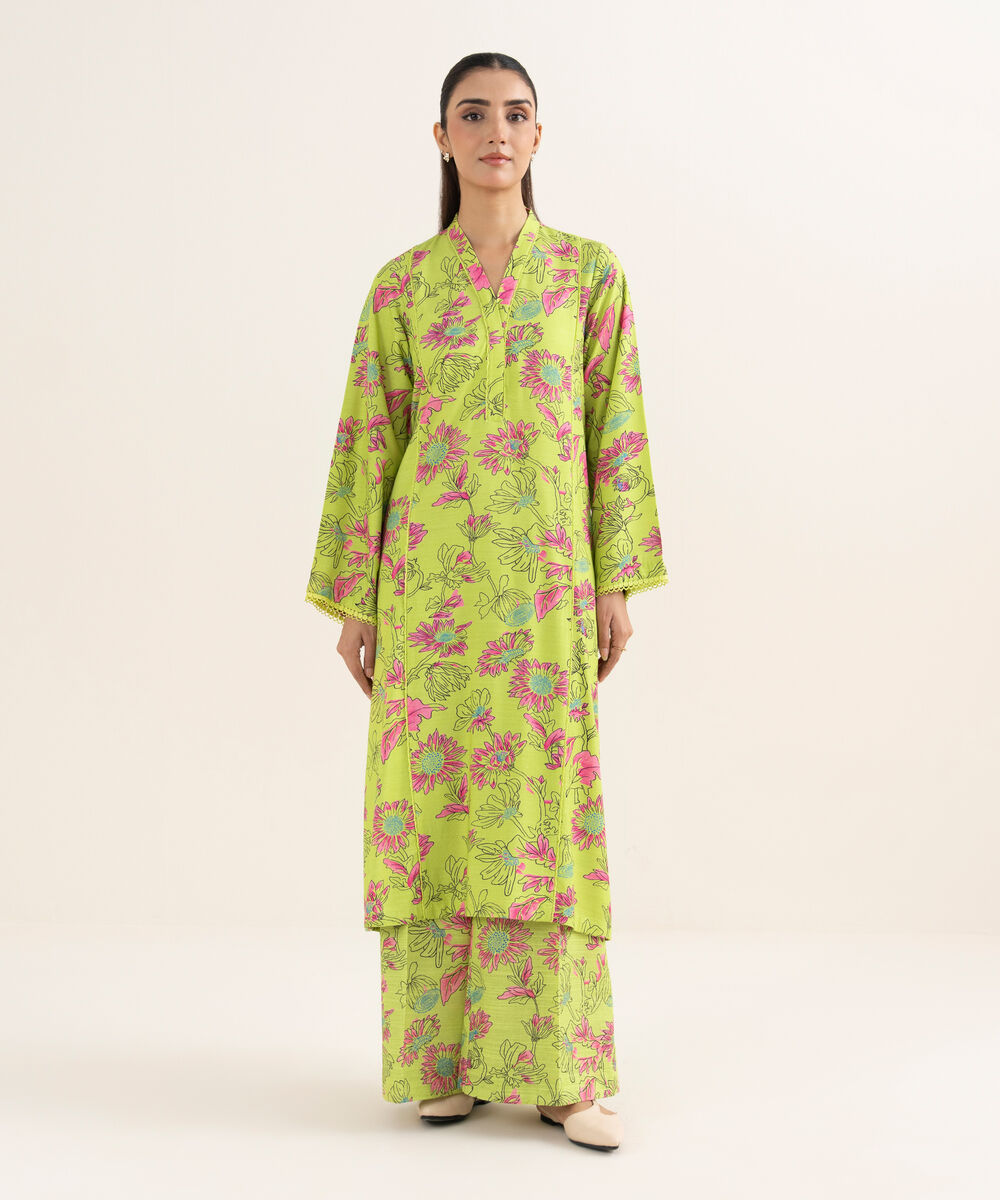 Women's RTW Herringbone Printed Green A-Line Shirt