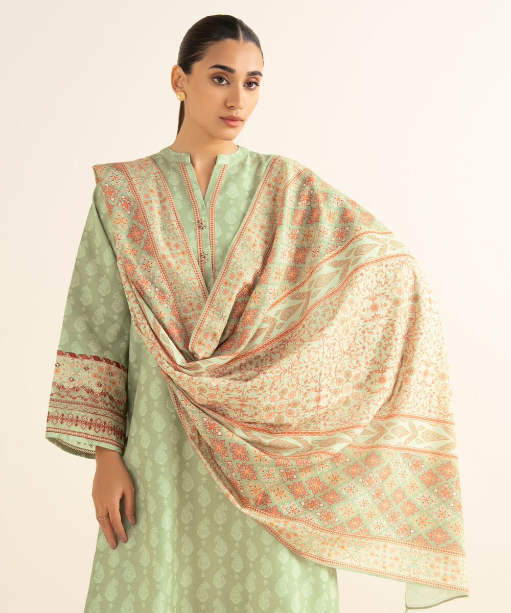 Women's Unstitched Light Khaddar Embroidered Green 2 Piece Suit