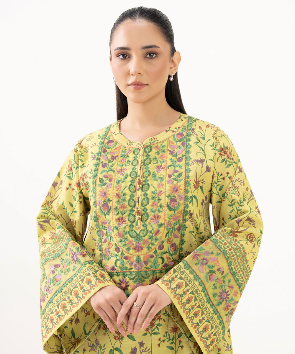 Women's Unstitched Lawn Embroidered Yellow 2 Piece Suit