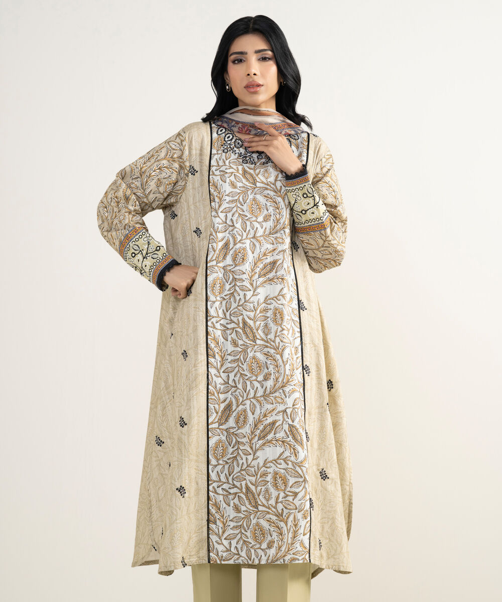 Women's RTW Cotton Embroidered Beige 3 Piece Suit