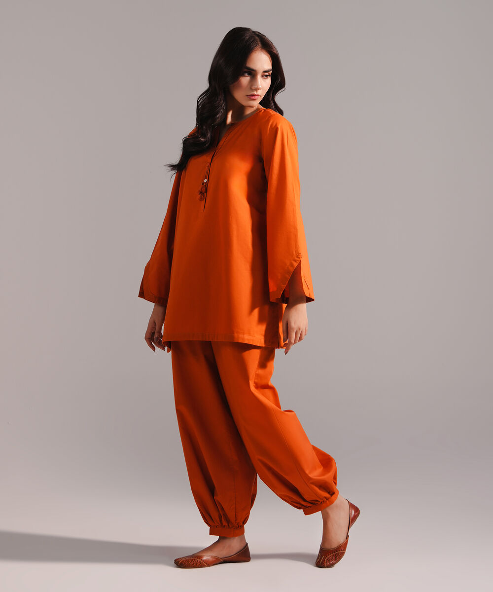 Women's RTW Lawn Solid Orange  Straight Shirt
