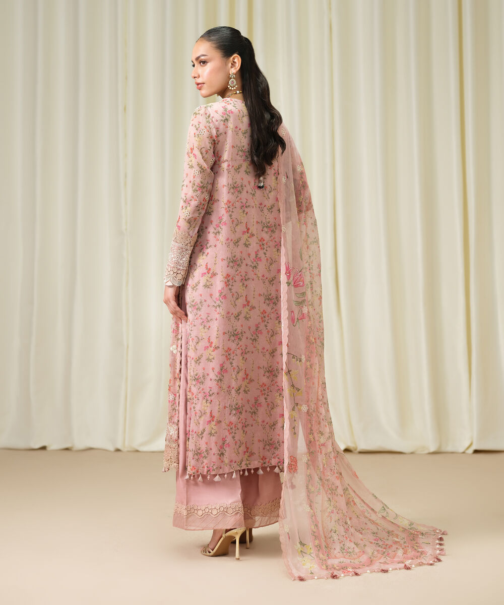 Women's Unstitched Blended Chiffon Embroidered Pink 3 Piece Suit