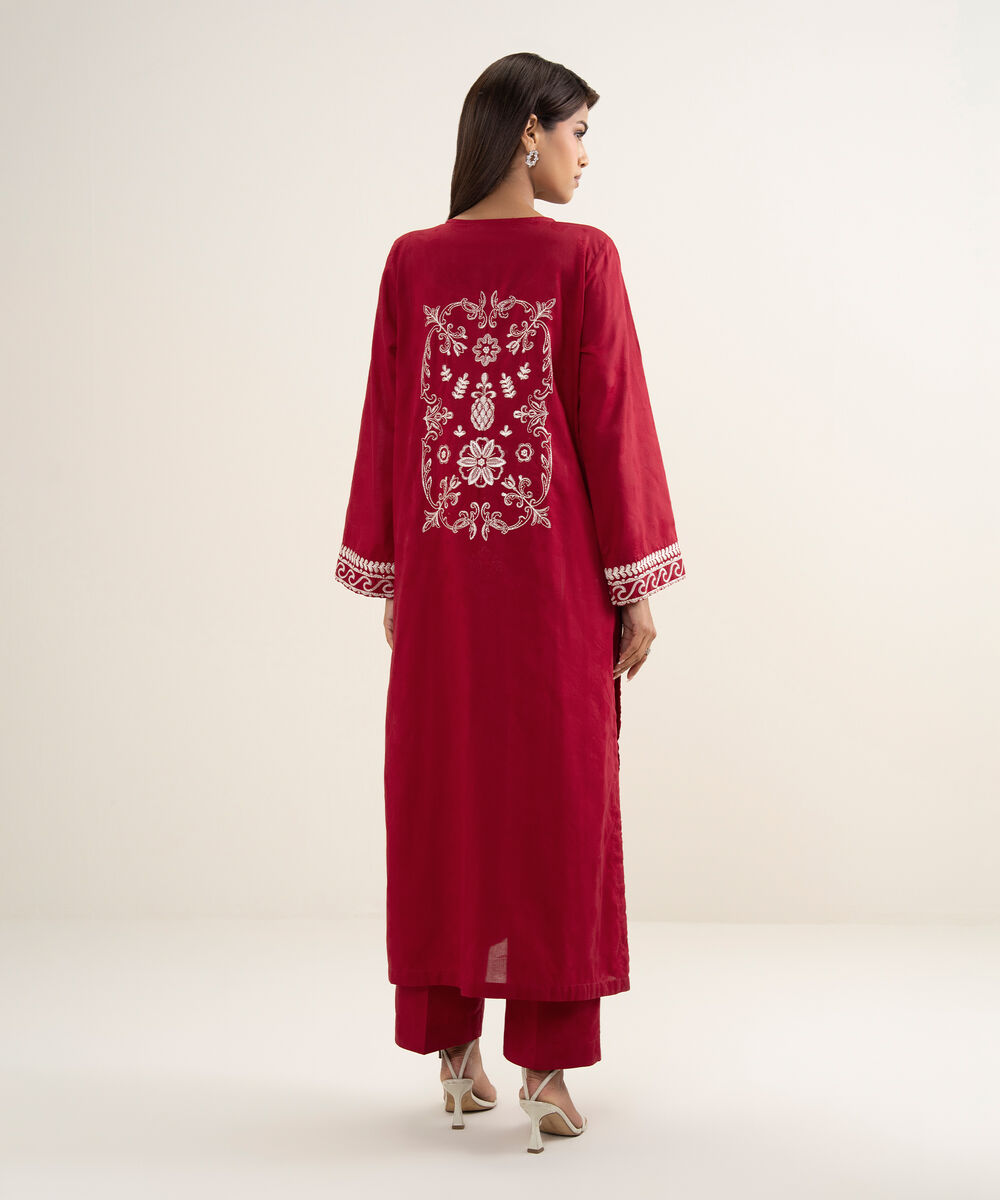 Women's RTW Self Jacquard Embroidered Red A-Line Shirt