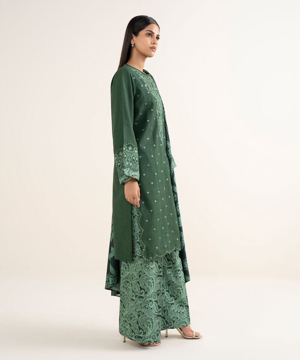 Women's Unstitched Light Khaddar Embroidered Green 3 Piece Suit