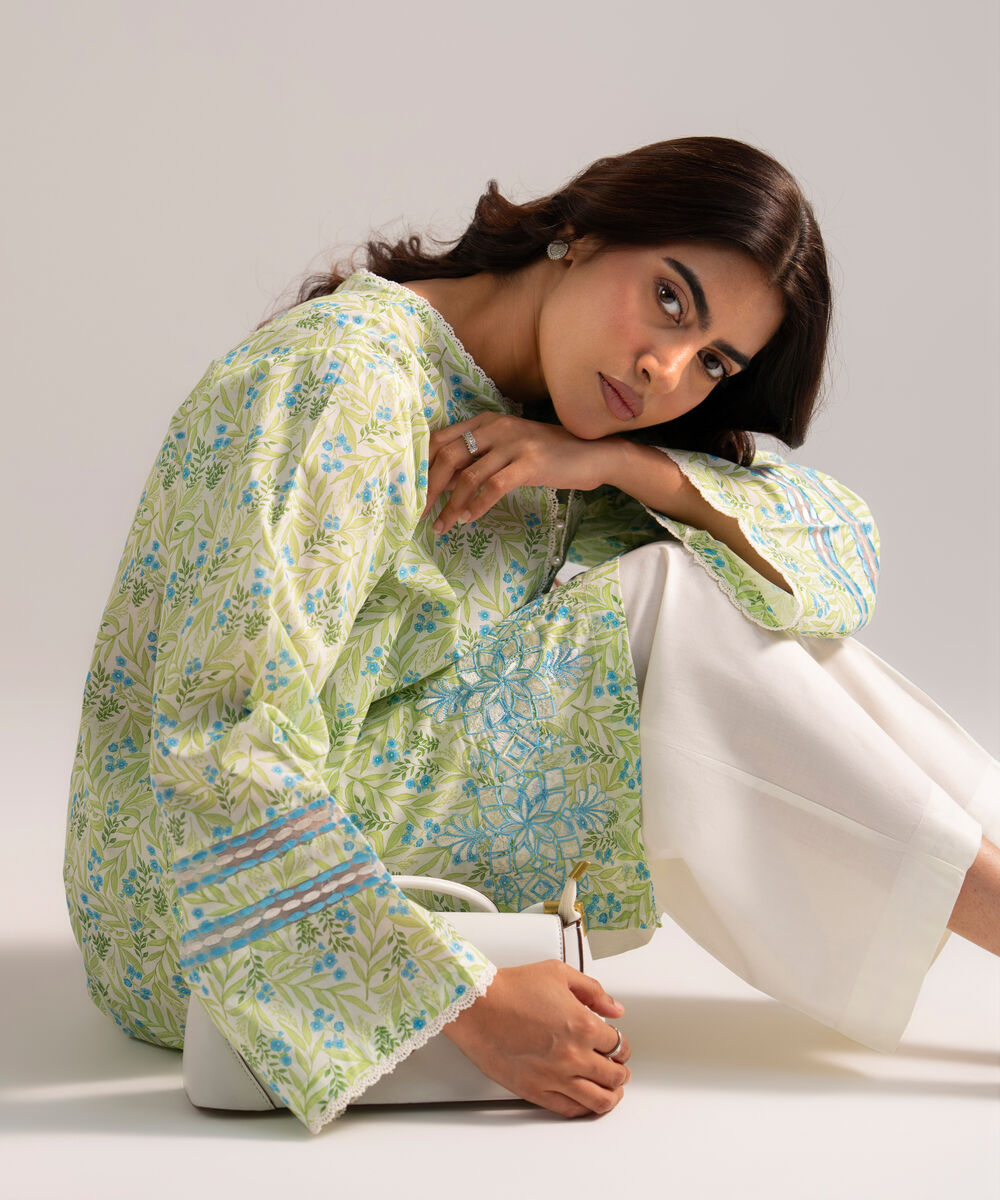 Women's RTW Lawn Embroidered Green Straight Shirt
