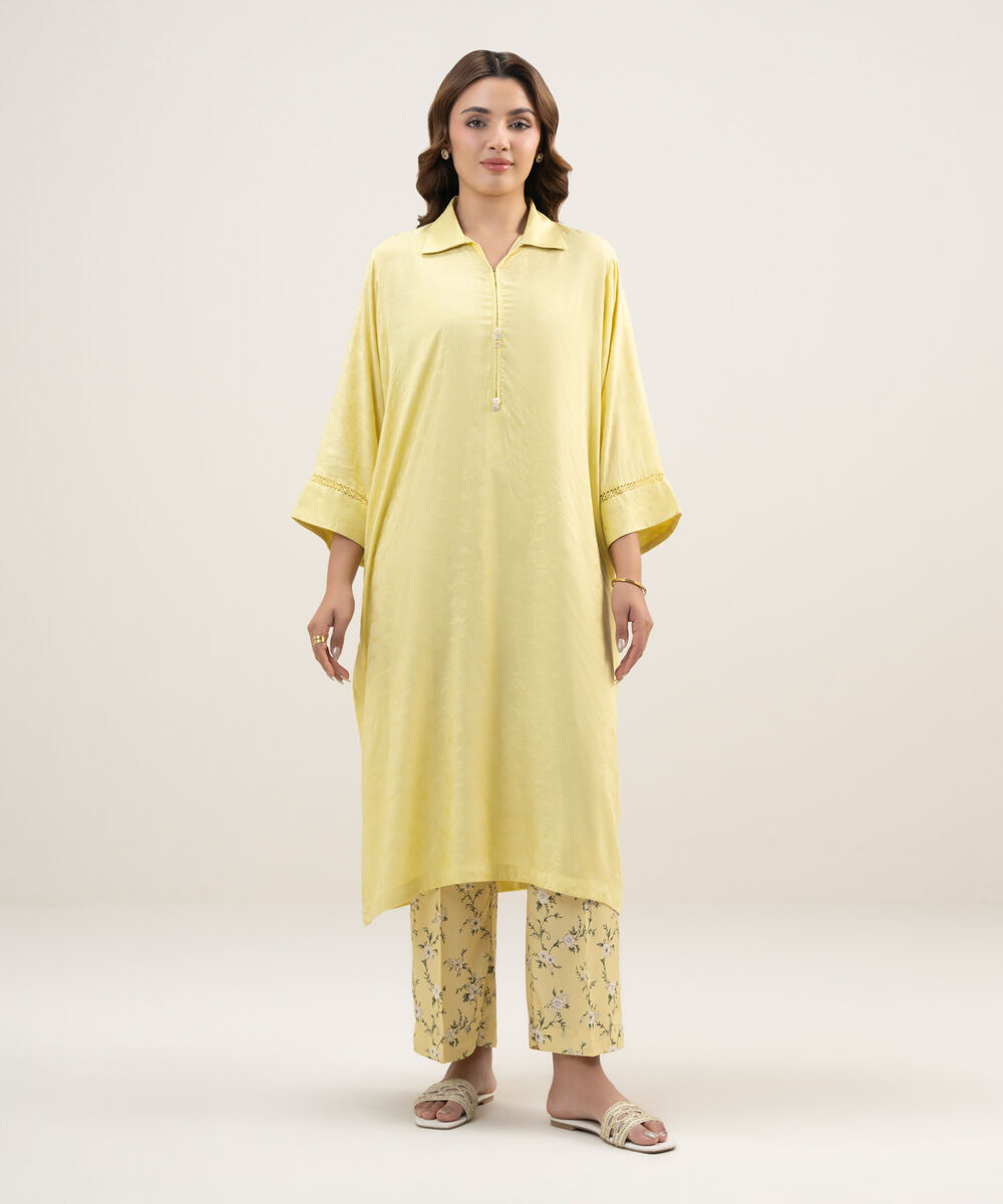 Women's RTW Arabic Self Jacquard Solid Lime Yellow Straight Shirt