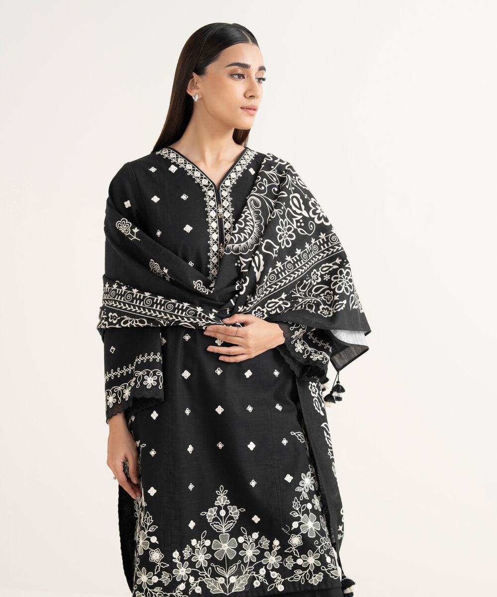 Women's Unstitched Light Khaddar Embroidered Black 3 Piece Suit