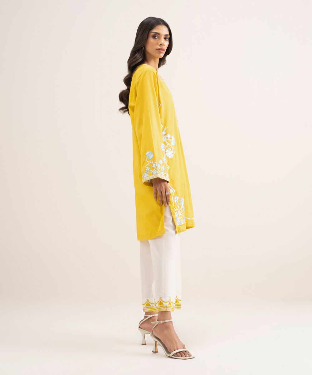Women's RTW Self Jacquard Embroidered Yellow Straight Shirt