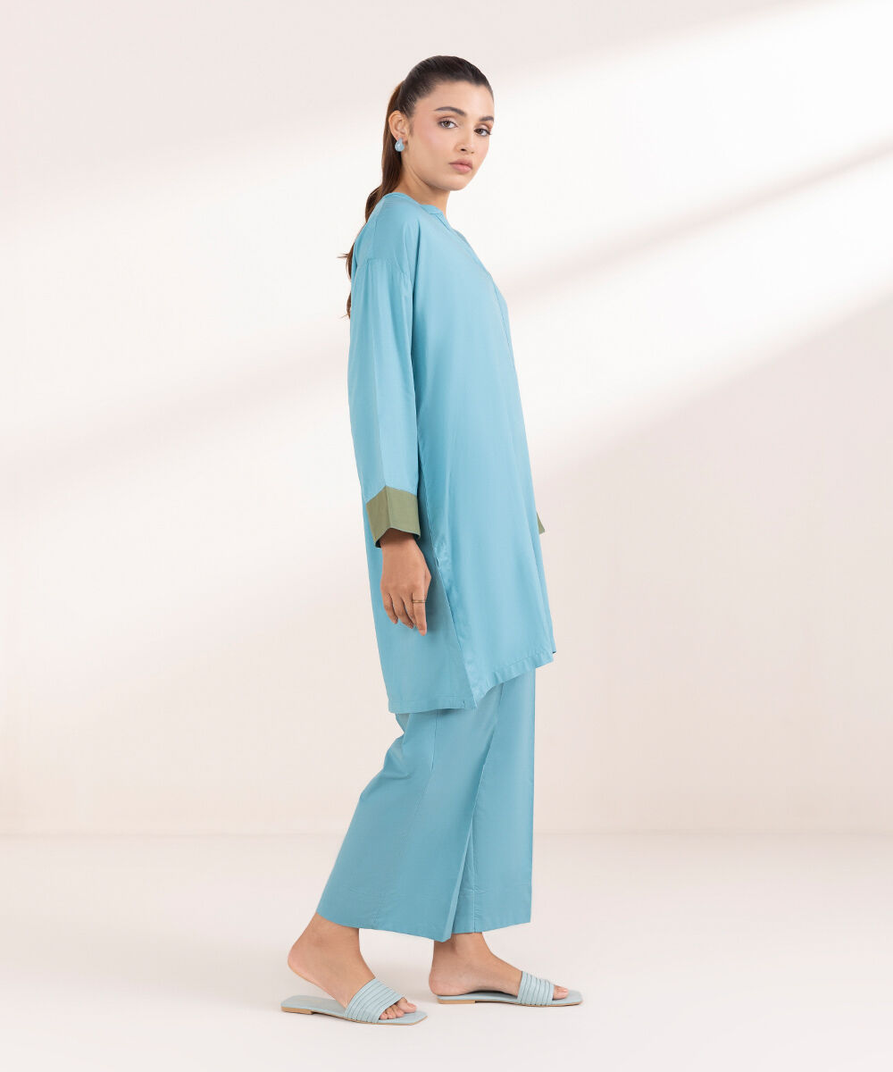 Woman - Blue Solid Arabic Lawn Shirt