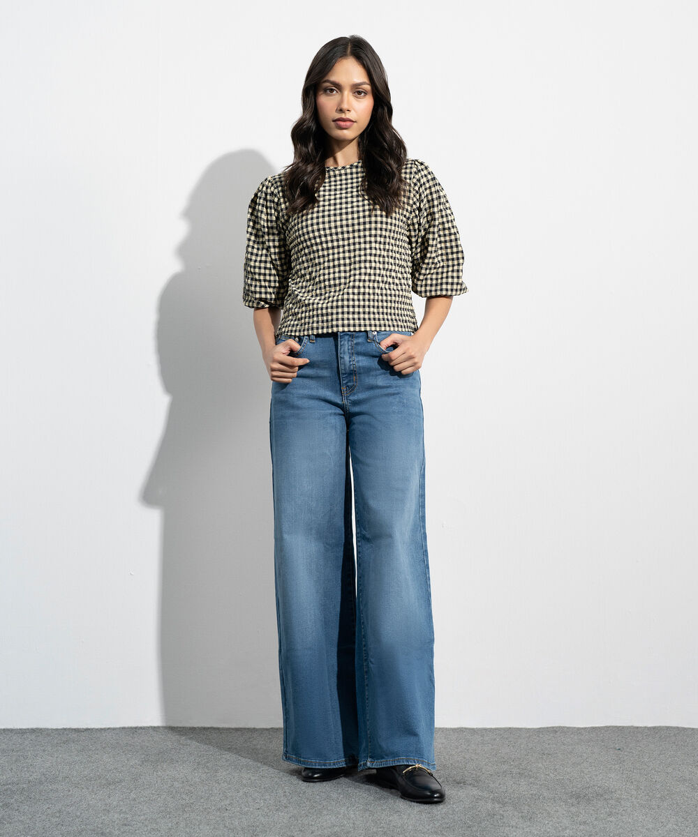 Women's Western Black And Yellow Seersucker Gingham Top
