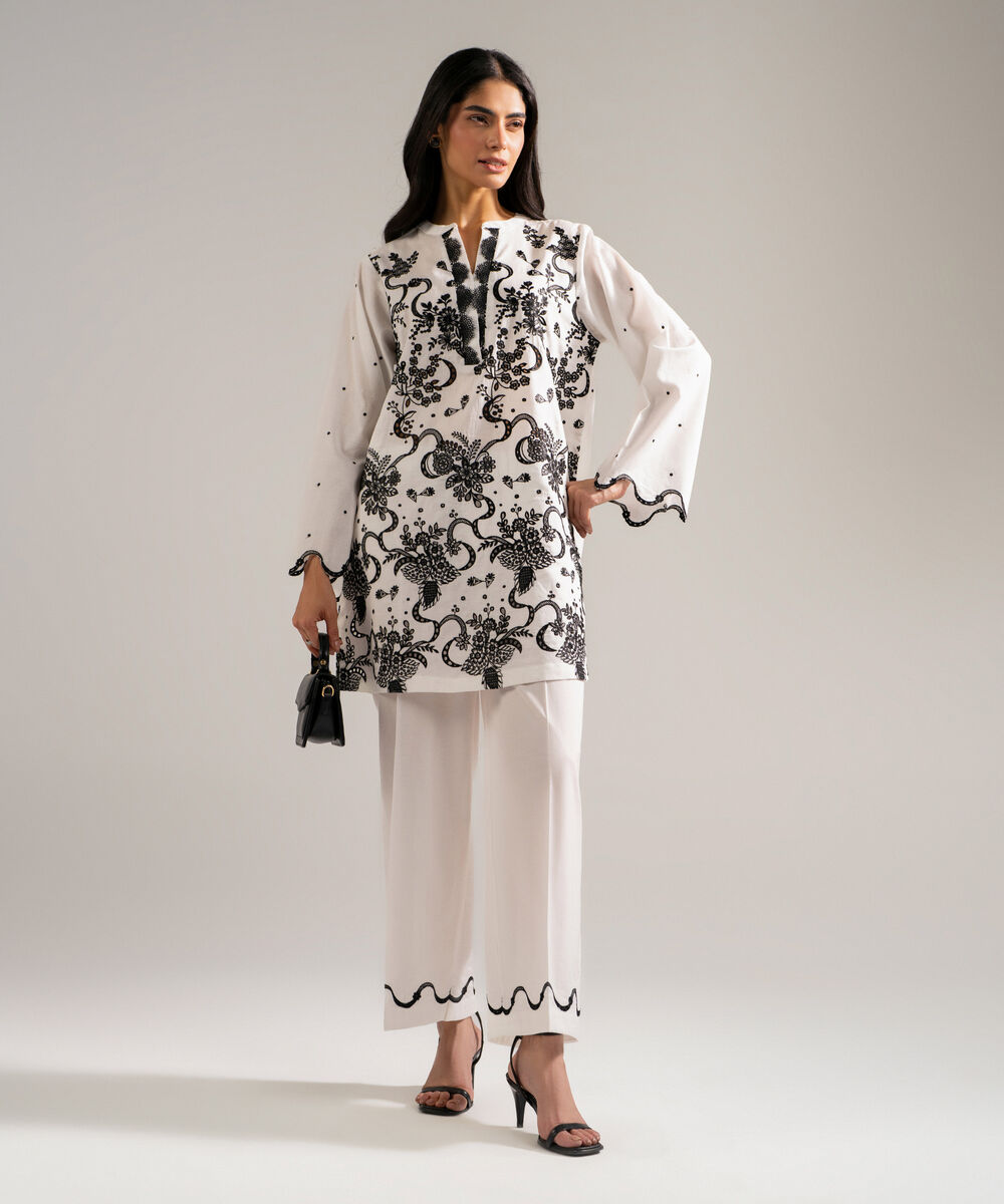 Women's RTW Self Jacquard Embroidered White 2 Piece Suit