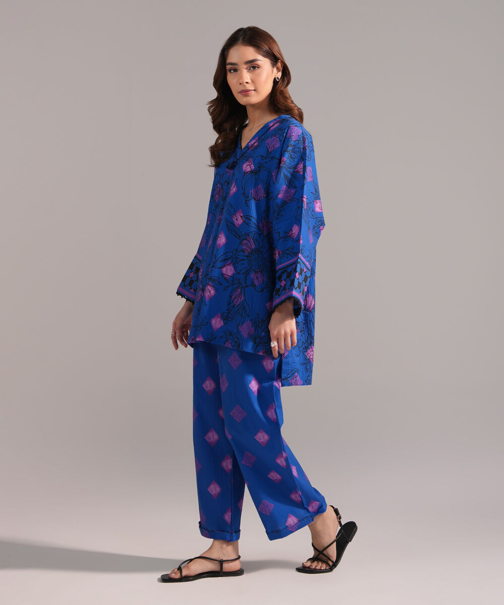 Women's RTW Seersucker Printed Dark Blue Drop Shoulder Shirt