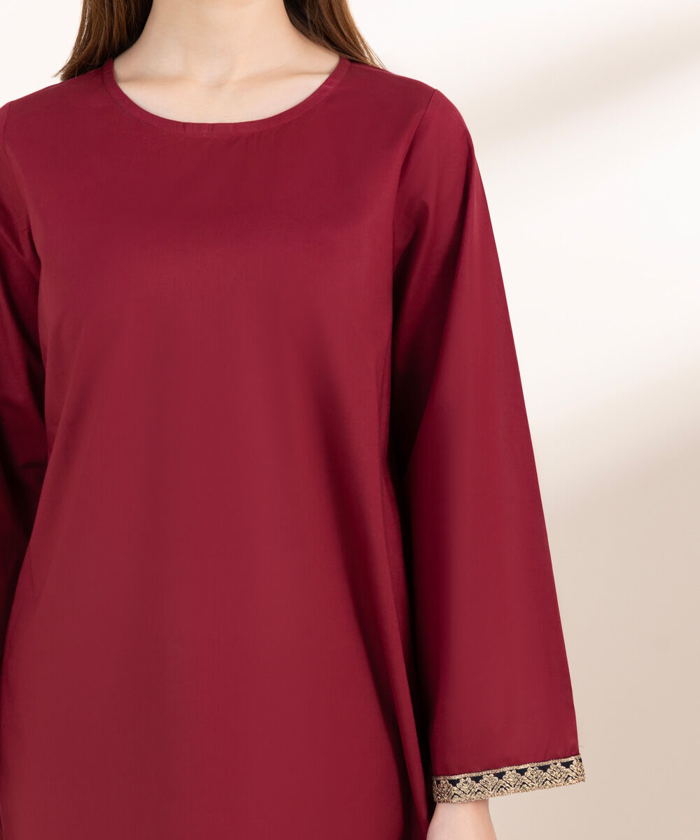 Women's Pret Cambric Maroon Embroidered Front Open Jacket