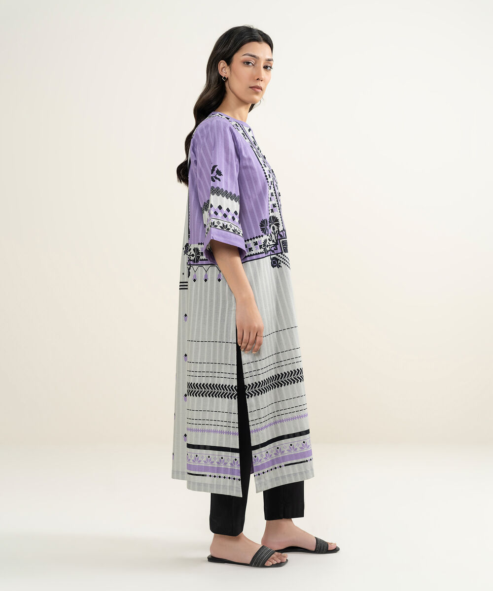 Women's RTW Textured Cotton Printed Grey A-Line Shirt