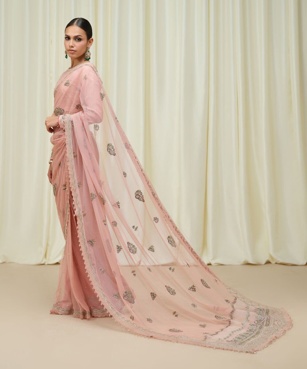 Women's Unstitched Embroidered Net Pink Saree