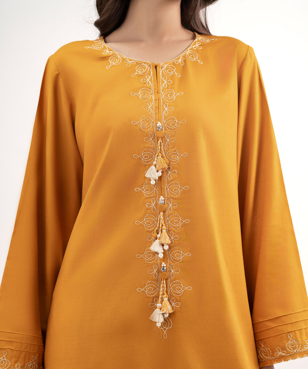 Women's RTW Raw Silk Viscose Embroidered Orange 3 Piece Suit