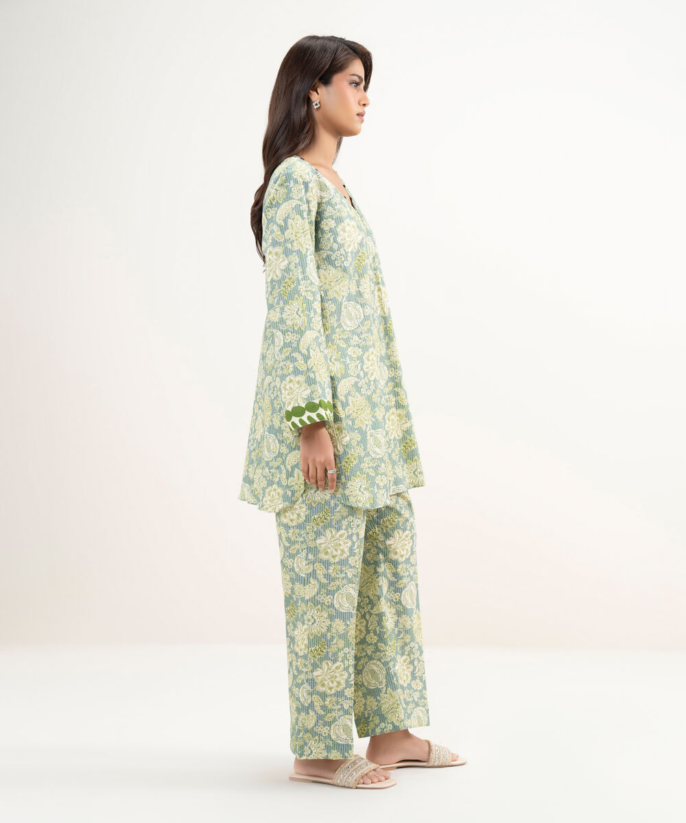 Women's RTW Seersucker Printed Green Straight Pants