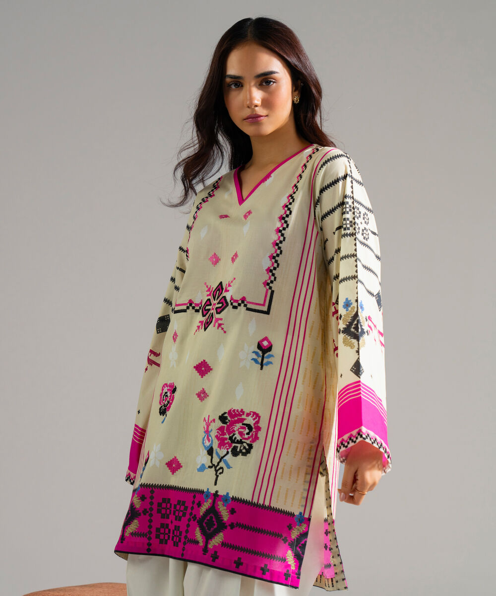 Women's RTW Lawn Embroidered Beige Straight Shirt