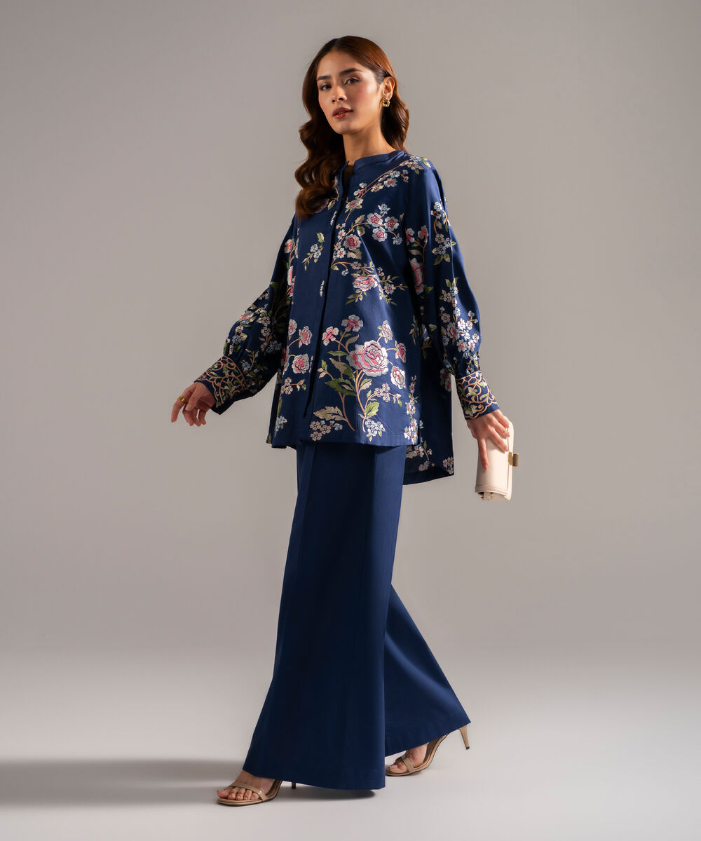 Women's RTW Cotton Satin Embroidered Dark Blue 2 Piece Suit