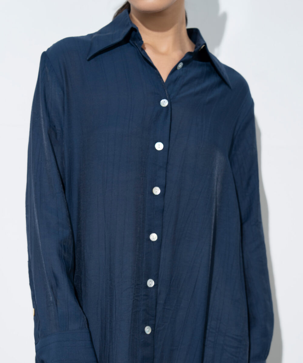 Women's Western Navy Textured Button Through Dress
