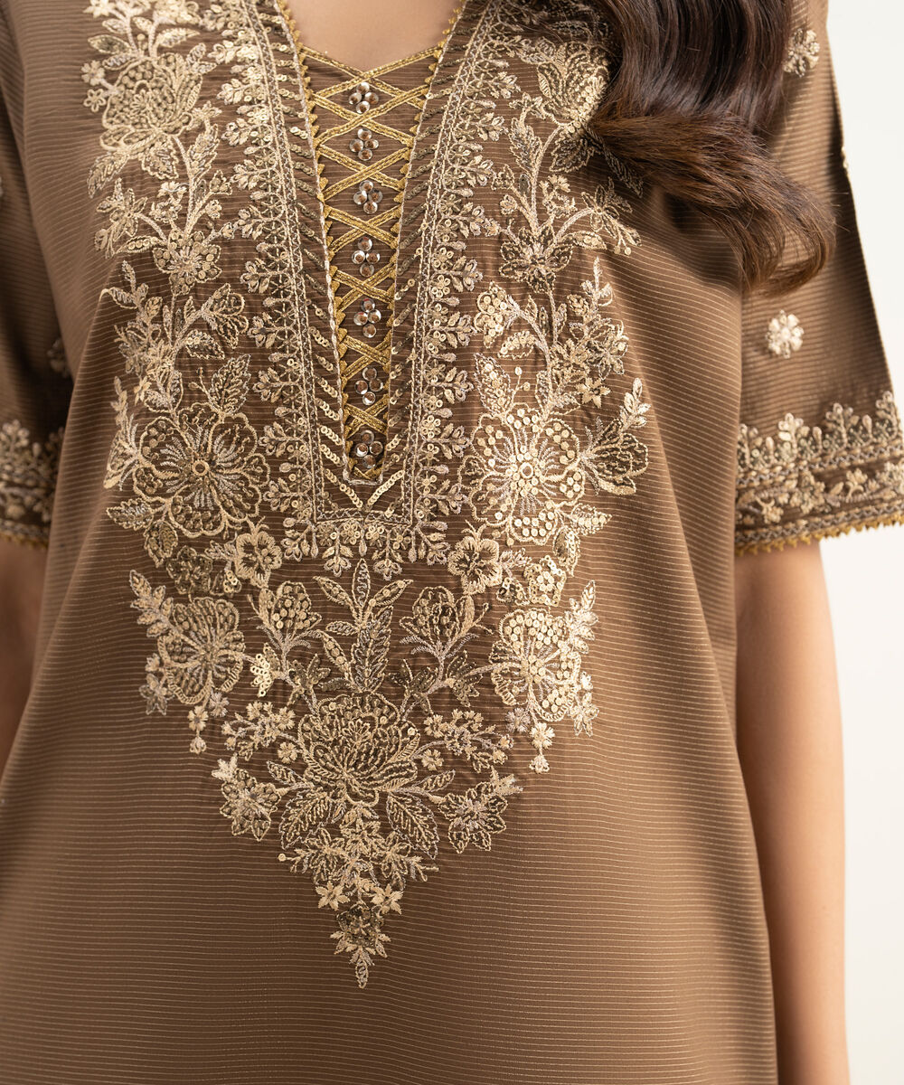 Women's Unstitched Zari Lawn Embroidered Brown 3 Piece Suit