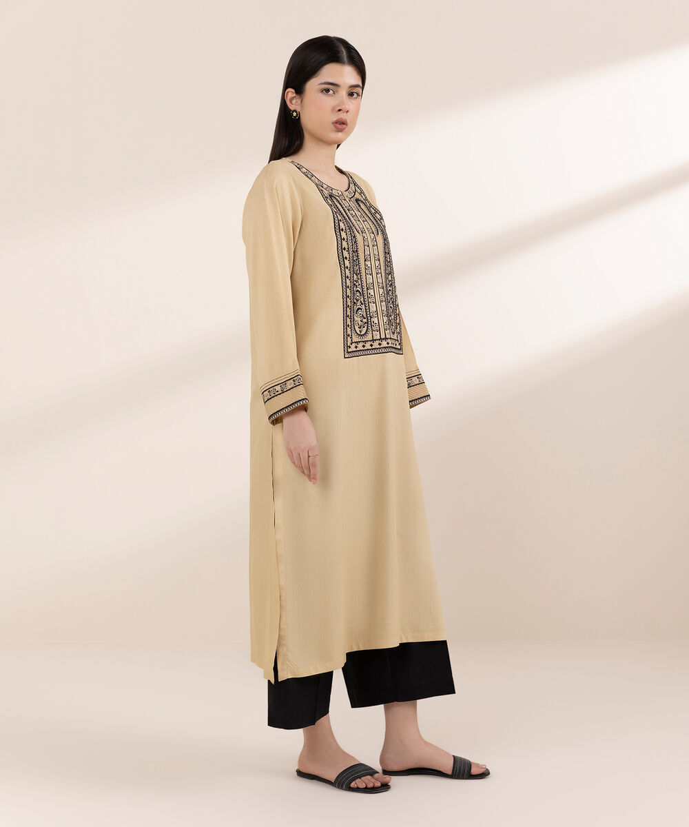 Women's RTW Arabic Lawn Beige Embroidered A-Line Shirt