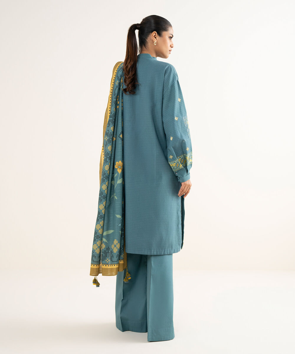 Women's Unstitched Dobby Embroidered Blue 3 Piece Suit