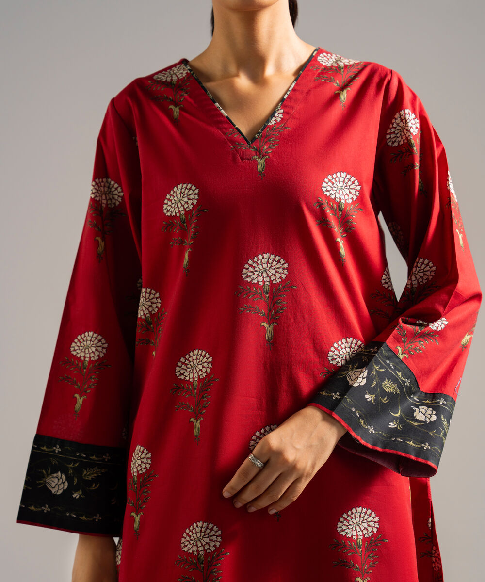 Women's RTW Lawn Printed Red Straight Shirt