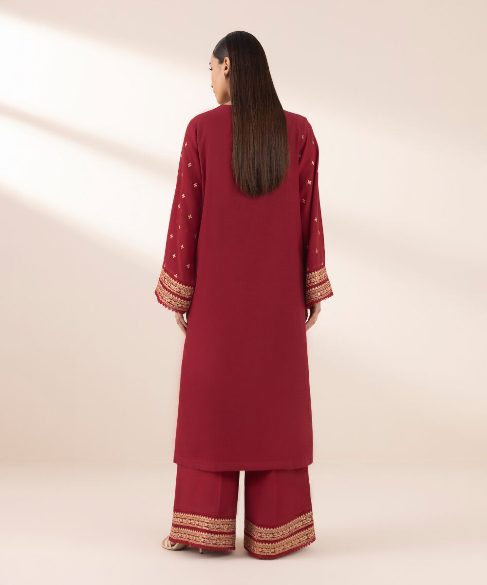 Women's Pret Cotton Viscose Red Embroidered A-Line Shirt