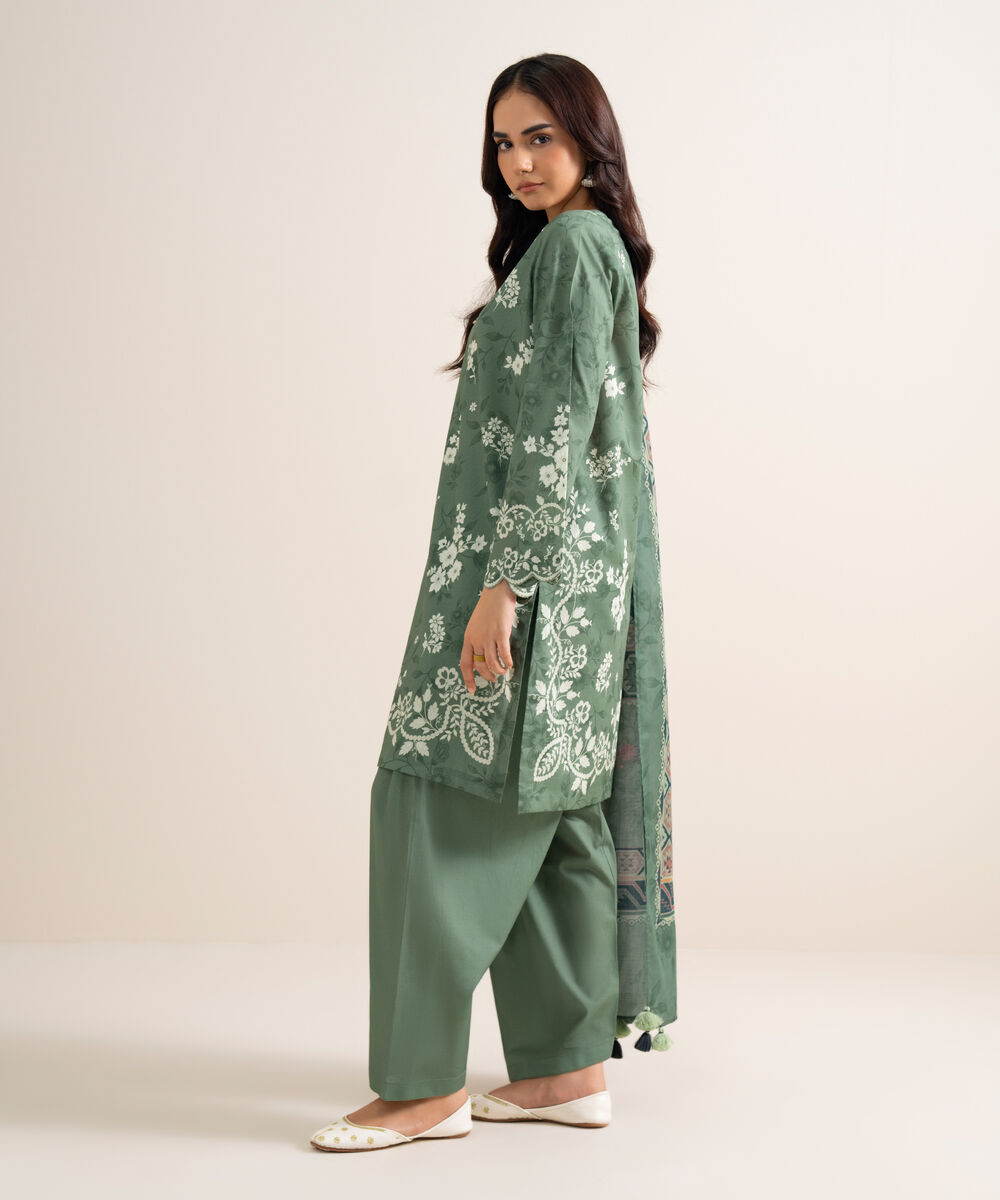 Women's Unstitched Printed Lawn Green 3 Piece Suit