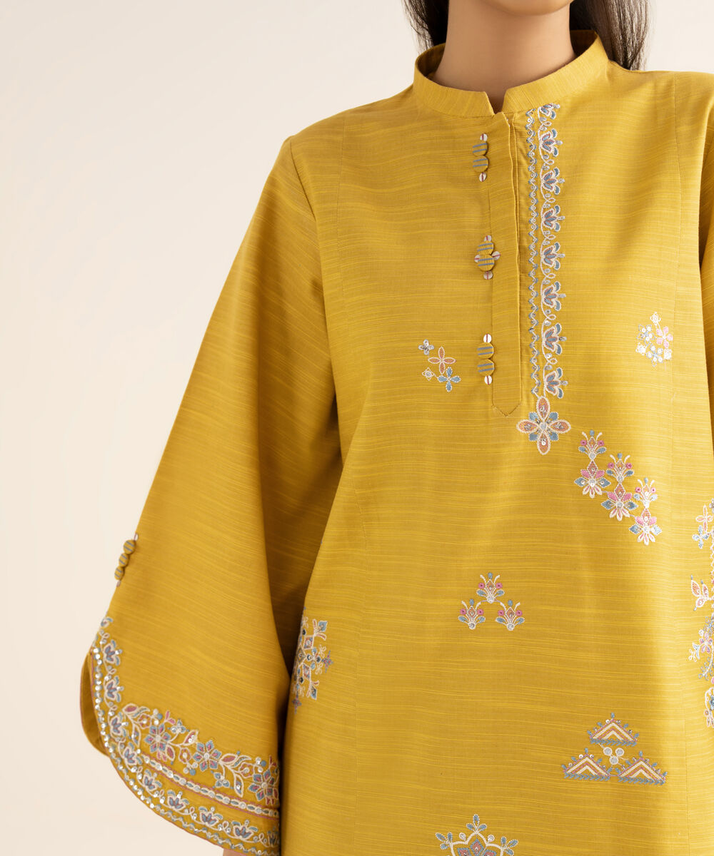Women's Unstitched Zari Khaddar Embroidered Yellow 2 Piece Suit